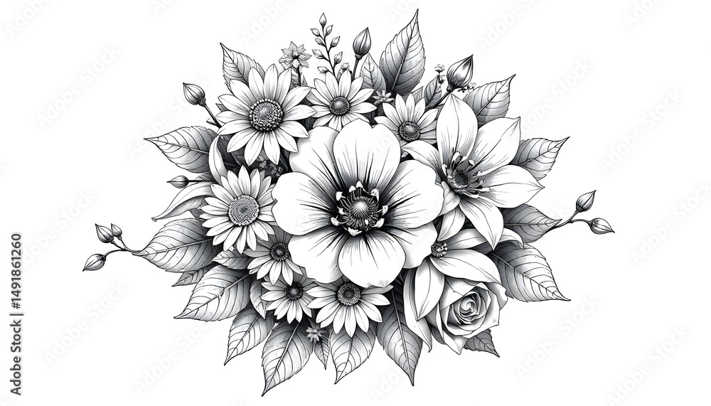 Fototapeta premium A detailed black and white floral illustration with various flowers and leaves arranged together. 