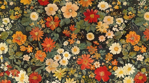 A dark floral pattern featuring red orange and white flowers with green leaves in a dense arrangement