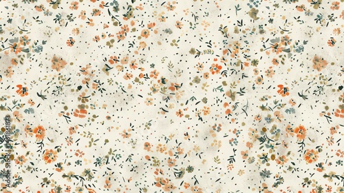 A delicate floral pattern with scattered orange blooms and tiny leaves on a light background surface