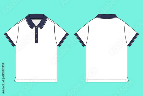 Boys short sleeve Polo shirt fashion flat sketch template outline CAD mockup.