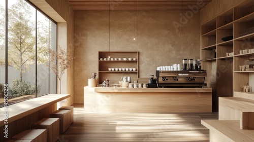 Minimalist cafe interior, wooden counter, espresso machine, sunlight, garden view, coffee shop design