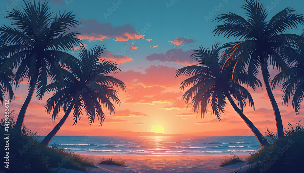 A serene beach scene featuring silhouetted palm trees against a vibrant sunset sky. A serene beach scene featuring silhouetted palm trees against a vibrant sunset sky.