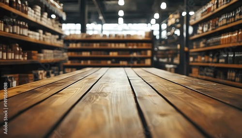 Wallpaper Mural Warehouse interior with wooden table, shelves of containers, and overhead round lights. Torontodigital.ca