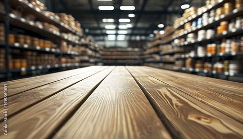 Wallpaper Mural Warehouse interior with wooden table, shelves of containers, and overhead round lights. Torontodigital.ca