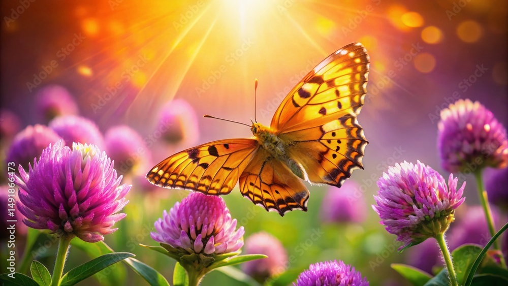 Obraz premium Orange Butterfly on Purple Clover - Vibrant Summer Meadow Landscape