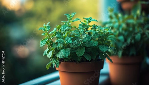 Potted mint plants on balcony with urban buildings.