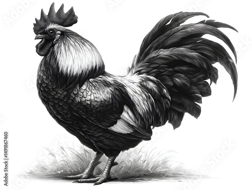 A majestic rooster stands proudly in a field of grass showcasing its detailed plumage in a striking monochrome illustration.