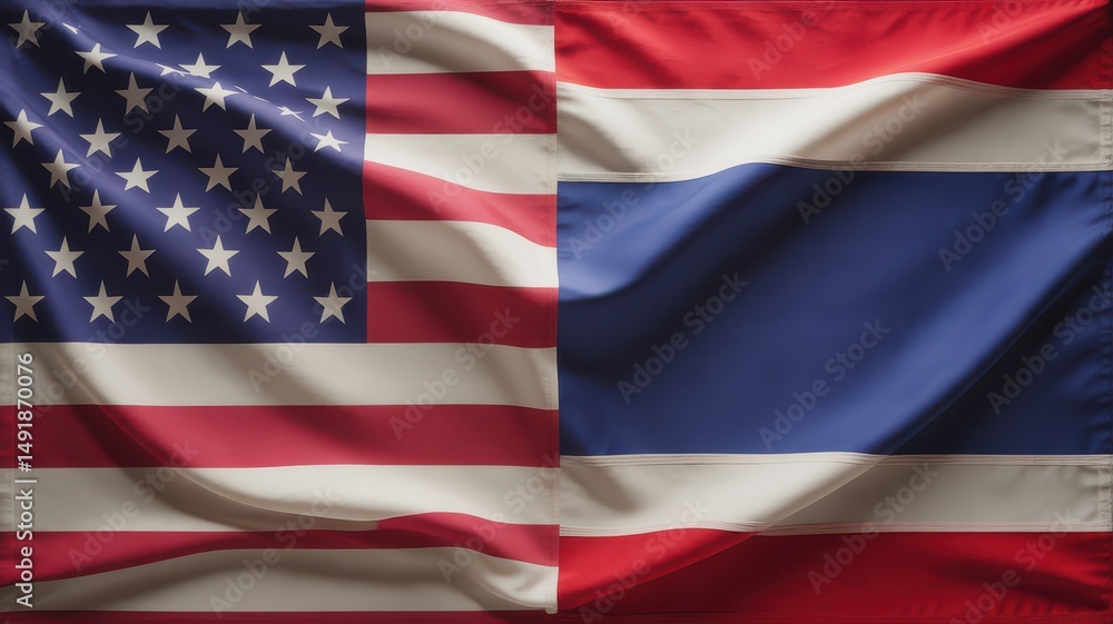 Obraz premium United States and Thailand flags displayed with elegant folds.