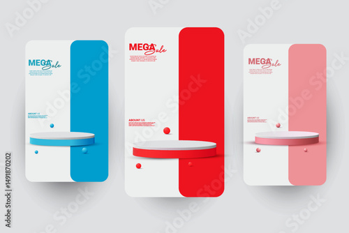 Set of Promotional social media product sale advertisement poster design with a 3D realistic empty podium. Blue, red, and pink color podium collection design. Cosmetics product ads design vector. 