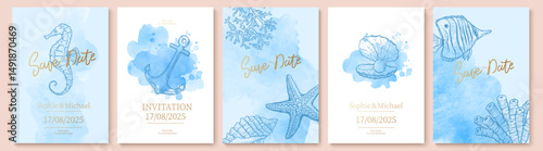 Set of wedding cards, invitation. Save the date sea style design. Blue watercolor wash.  Summer background. Hand drawn seashells, fish, seahorse with golden texture.