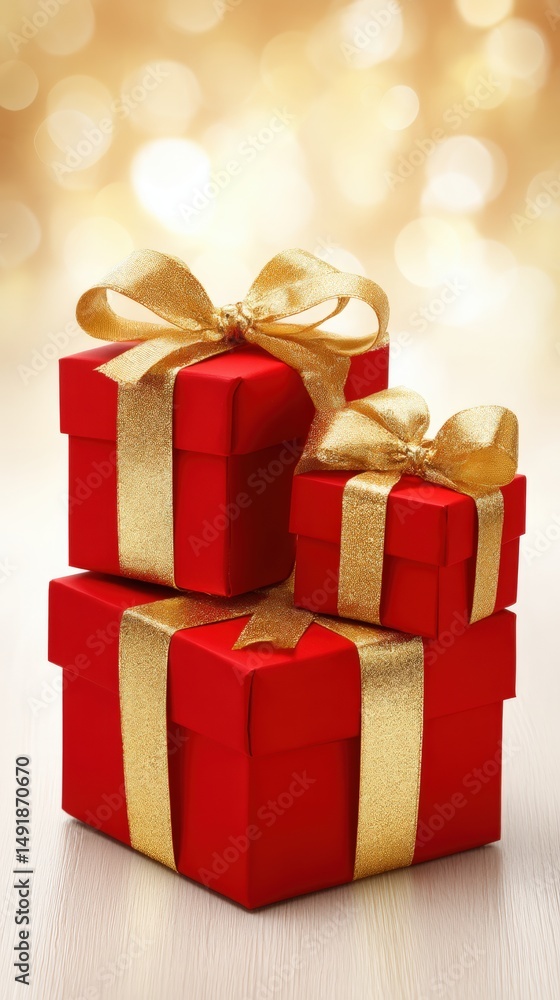 Three red gift boxes with gold ribbons and bows arranged on a wooden table surface. Three red gift boxes with gold ribbons and bows arranged on a wooden table surface.
