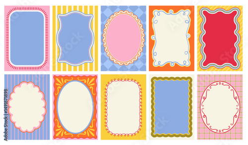 Set of colorful frames with wavy edges. Ornaments, patterns. Doodle, cute retro borders. Design for card, invitation, cover, packaging.