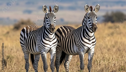 Two zebras on dry grassland with trees in background, sharp image.