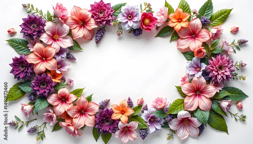 A circular frame of diverse, colorful flowers and green leaves on a white background. A circular frame of diverse, colorful flowers and green leaves on a white background.