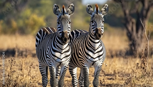 Two zebras on dry grassland with trees in background, sharp image.