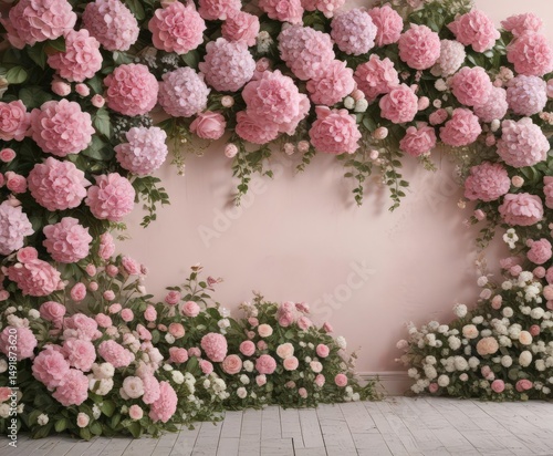Vintage pink rose, daisy & hydrangea floral wall  Elegant, romantic design , background, wedding