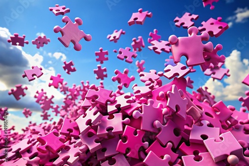 Pink Puzzle Pieces Scattered on a Blue Sky Background: Creativity and Organization Concept