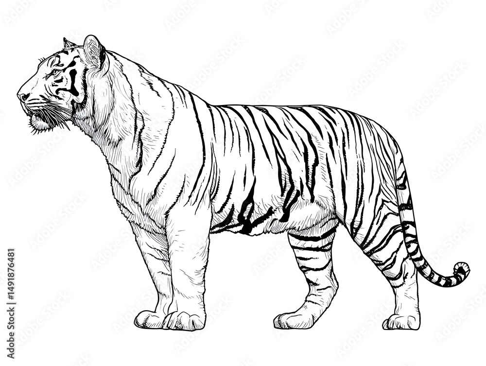 Obraz premium A detailed hand-drawn illustration depicts a majestic Bengal tiger standing proudly in profile view against a stark white background.