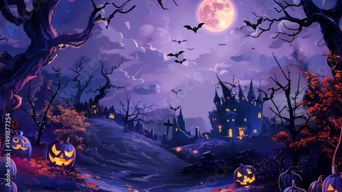 A spooky Halloween landscape with glowing pumpkins and a haunted house under a full moon. Low-angle view, perfect for a themed video backdrop. Live desktop wallpaper.