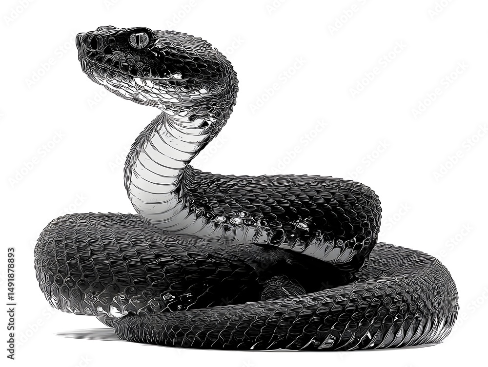 Fototapeta premium A striking black and white image of a venomous viper coiled and poised defensively on a stark white background.