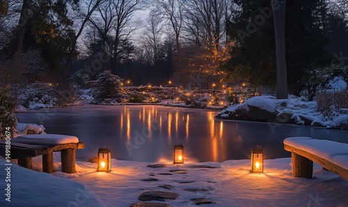 Lantern-lit benches arranged around a tranquil frozen pond glowing softly under starlight, Generative AI