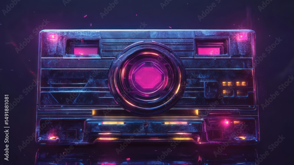 Obraz premium Futuristic camera, glowing, dark background, digital art, tech concept