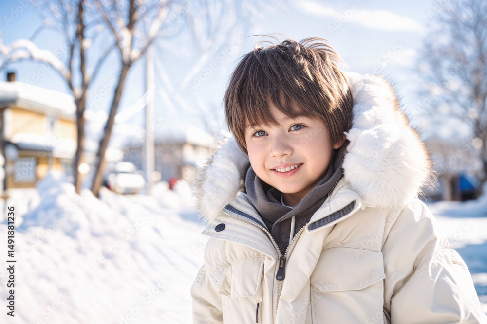 Smiling young boy in winter jacket with fur hood outdoors. Winter scene, snowy landscape, winter clothes, cheerful mood, and sunny weather, creating a captivating seasonal portrait. Smiling young boy in winter jacket with fur hood outdoors. Winter scene, snowy landscape, winter clothes, cheerful mood, and sunny weather, creating a captivating seasonal portrait.