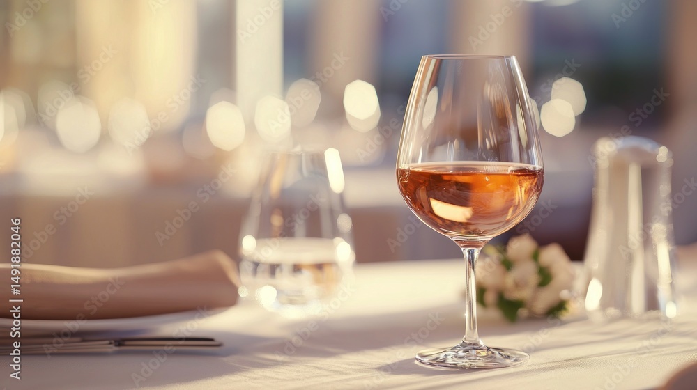 Obraz premium A glass of ros? wine at a romantic restaurant setting, bathed in warm sunlight.