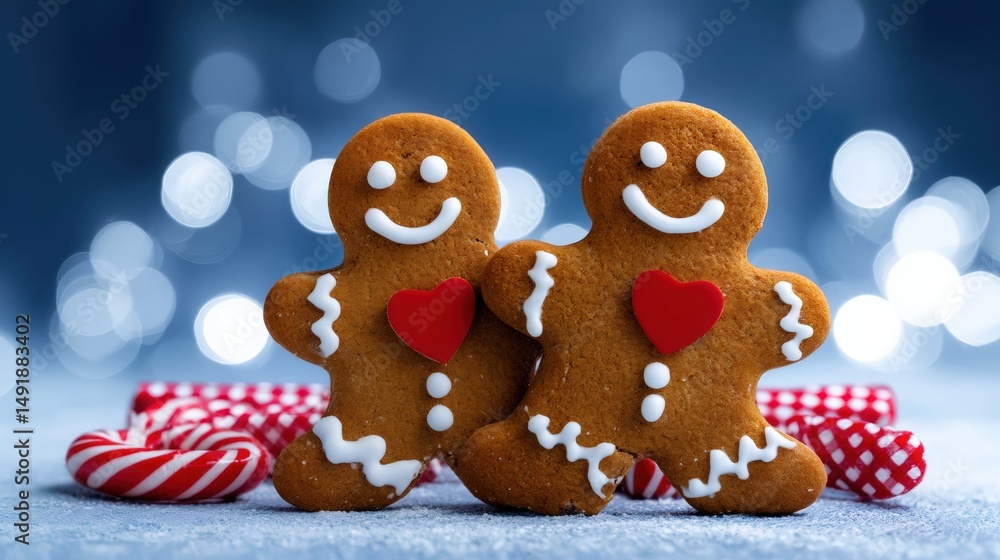 Two gingerbread cookies with heart decorations on a wooden table in soft daylight. Two gingerbread cookies with heart decorations on a wooden table in soft daylight.
