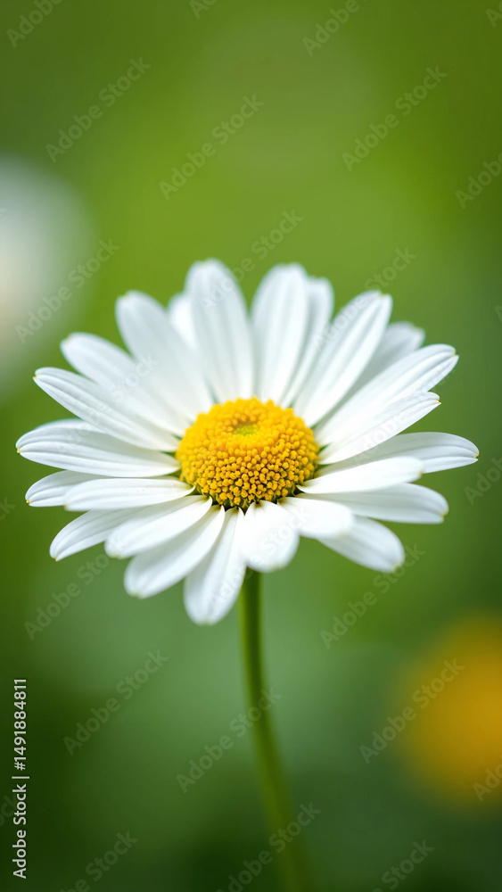 Naklejka premium White Daisy Flower with Yellow Center on Soft Green Background - Ultra-Detailed, Bright, and Clean Floral Visual for Wellness, Eco Lifestyle, or Natural Product Branding