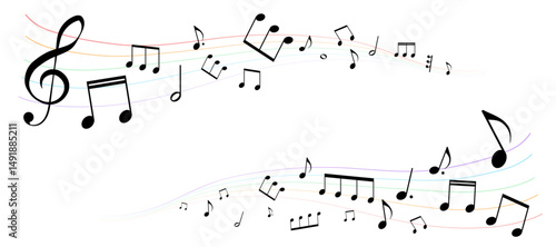 遠近感のある楽譜のフレームイラスト　虹色の五線譜　背景イラスト　音符、休符、音楽記号のイラスト