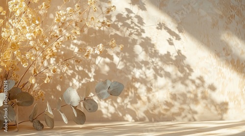 Dried flowers and eucalyptus leaves, sunlit shadows on a beige backdrop