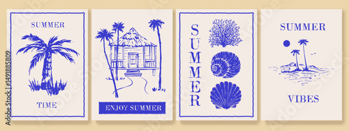 Set of sea, summer, island style objects, design elements. Underwater creatures, starfish, sea  horse, coral, fish. Hand drawn style. Palms, bungalow. 