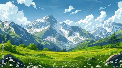 A scenic landscape with snow capped mountains, green hills, and a meadow filled with white flowers