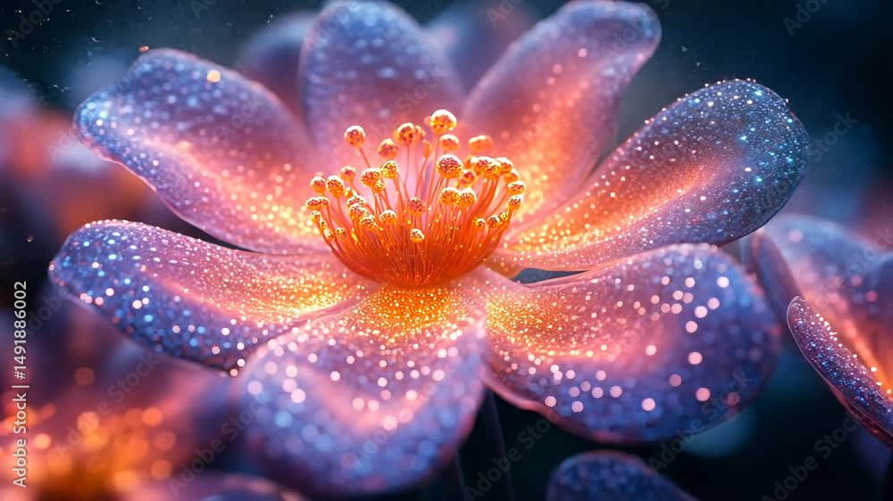 Close-up of a luminous flower with sparkling dew drops, set against a dreamy, blurred background Close-up of a luminous flower with sparkling dew drops, set against a dreamy, blurred background