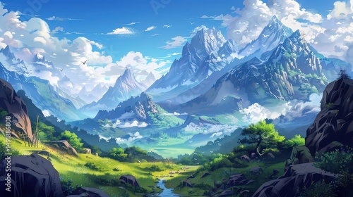 A vibrant landscape painting of mountains valleys and a stream under a cloudy blue sky in daytime