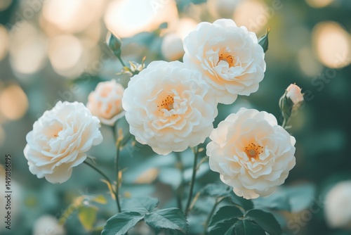 Close-up of four pale yellow roses in a garden setting