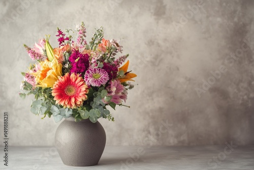 Wallpaper Mural on a neutral background, a beautiful bouquet of flowers is displayed in a gray vase. it makes a great gift idea for mother's days or father's days. High quality Torontodigital.ca