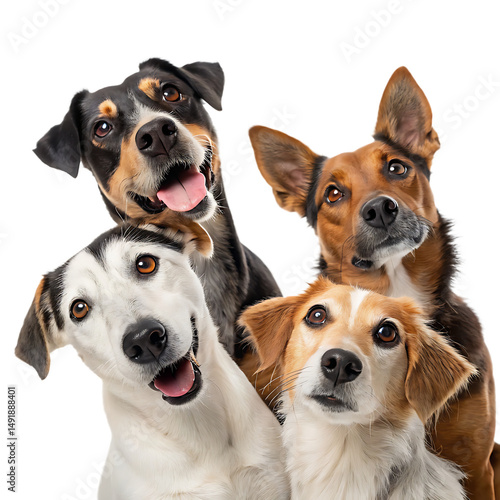  group of different dogs looking at camera isolated on white background ,PNG