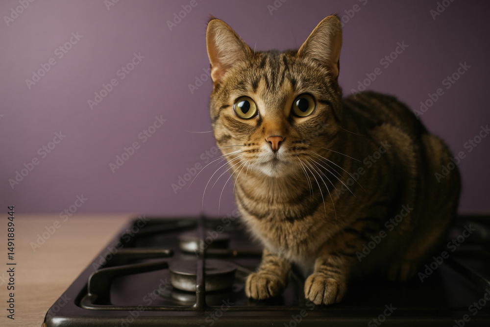 Curious tabby cat sitting on kitchen stove against purple wall Curious tabby cat sitting on kitchen stove against purple wall