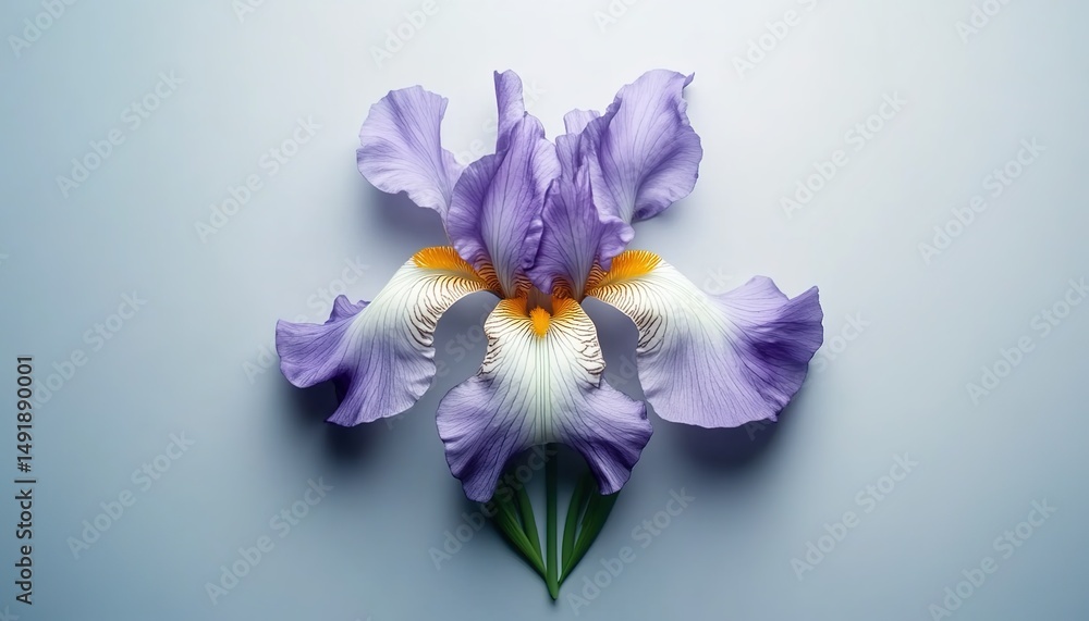 Obraz premium A blooming purple iris flower with white and yellow patterns on petals against a light-blue background.