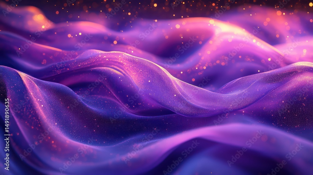 Obraz premium Glowing purple fabric waves, cosmic dust, dark background, digital art, website header