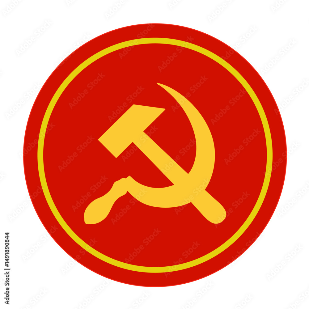 A yellow hammer and sickle symbol inside a red circle with a yellow border, representing communism or socialist ideology. USSR symbol icon. Communism symbol isolated white background A yellow hammer and sickle symbol inside a red circle with a yellow border, representing communism or socialist ideology. USSR symbol icon. Communism symbol isolated white background