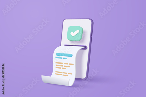 3d pay money with mobile phone banking online payments concept. Easy bill payment transaction on the smartphone. Mobile with financial paper on background. 3d bill payment vector icon illustration