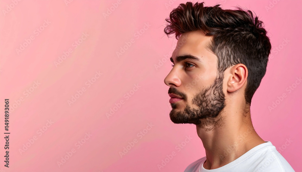 Obraz premium Stylish Men's Hairstyles: Modern Textured Look on Pink Background