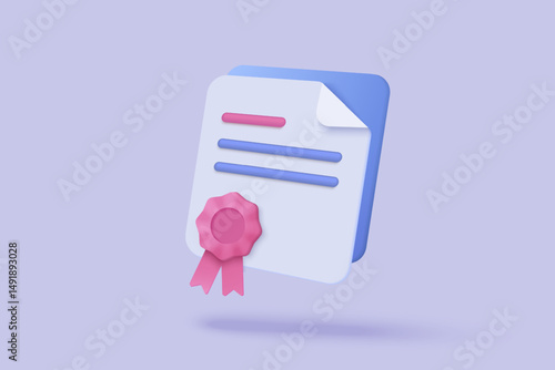 3d certificate or diploma icon with stamp and ribbon bow isolated background. White clipboard task management todo check list, work on project plan concept. 3d vector render on purple background