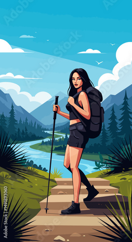 Summer healthy sports lifestyle: Cartoon illustration of a woman hiking with a backpack and trekking pole on a scenic mountain trail overlooking a river. Active outdoor adventure
