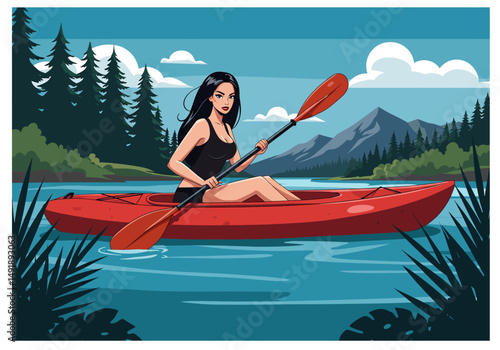 Summer healthy sports lifestyle: Cartoon illustration of a woman kayaking on a serene lake or river surrounded by mountains and forests under a bright summer sky. Active outdoor adventure
