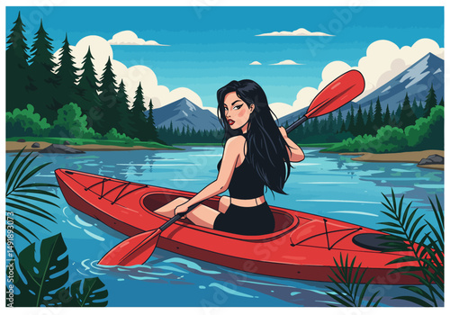 Summer healthy sports lifestyle: Cartoon illustration of a woman kayaking on a serene lake or river surrounded by mountains and forests under a bright summer sky. Active outdoor adventure
