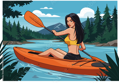 Summer healthy sports lifestyle: Cartoon illustration of a woman kayaking on a serene lake or river surrounded by mountains and forests under a bright summer sky. Active outdoor adventure